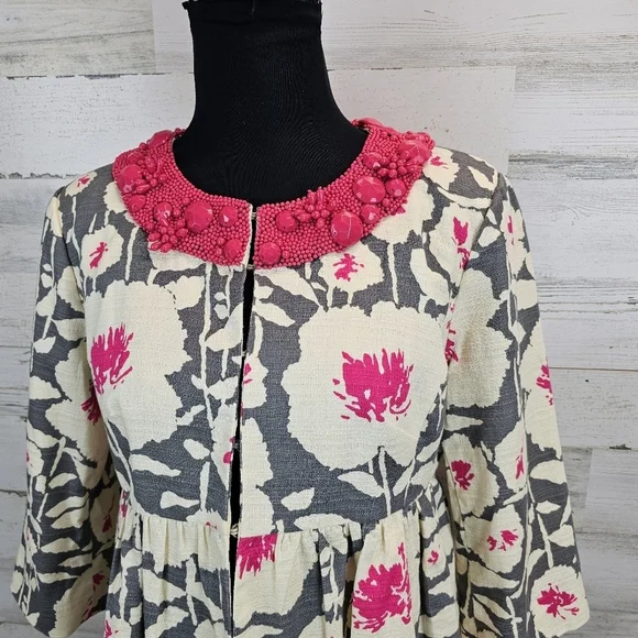 Nanette Lepore Floral Beaded Neck Peplum Blazer Sz 6 Barbie Pink Gray Coquette - Picture 9 of 16
